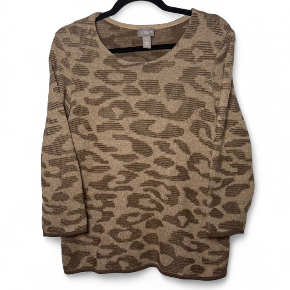 Chico’s Textured Leopard Print Sweater Tan Brown 3/4 Sleeve Size 1 Medium